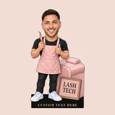 Diseño 1: figura caricaturesca de un especialista en pestañas, escena «Cartel de especialista en pestañas»