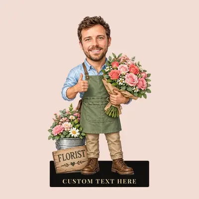 Design 1: Karikatur-Figur eines Floristen, Szene „Floristen-Schild“