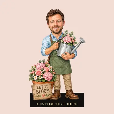 Design 2: Karikatur-Figur eines Floristen, Szene „Lass es blühen“