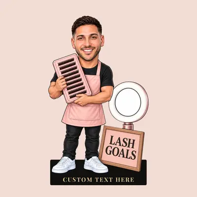 Diseño 2: figura caricaturesca de un especialista en pestañas, escena «Pestañas de ensueño»