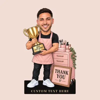 Diseño 3: figura caricaturesca de un especialista en pestañas, escena «Mejor artista de pestañas»