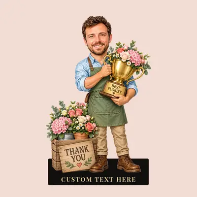 Design 3: Karikatur-Figur eines Floristen, Szene „Bester Florist“