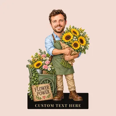 Design 4: Karikatur-Figur eines Floristen, Szene „Blumenkraft“