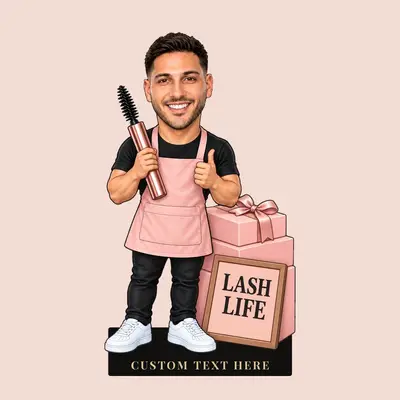 Diseño 4: figura caricaturesca de un especialista en pestañas, escena «La vida entre pestañas»