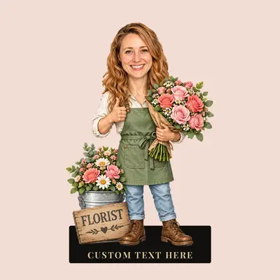 Design 5: Karikatur-Figur einer Floristin, Szene „Floristen-Schild“