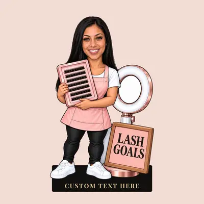 Diseño 6: figura caricaturesca de una especialista en pestañas, escena «Pestañas de ensueño»