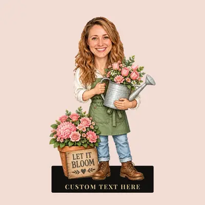 Design 6: Karikatur-Figur einer Floristin, Szene „Lass es blühen“