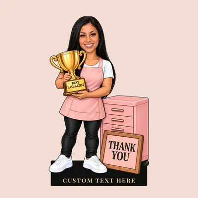 Diseño 7: figura caricaturesca de una especialista en pestañas, escena «Mejor artista de pestañas»