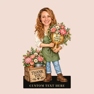 Design 7: Karikatur-Figur einer Floristin, Szene „Bester Florist“