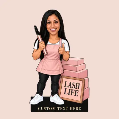 Diseño 8: figura caricaturesca de una especialista en pestañas, escena «La vida entre pestañas»