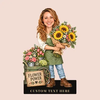 Design 8: Karikatur-Figur einer Floristin, Szene „Blumenkraft“