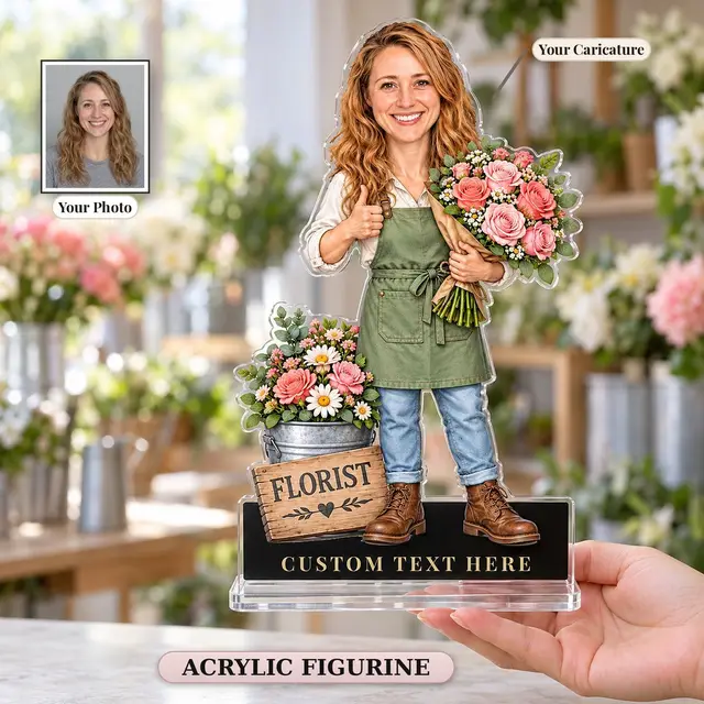 Acrylic florist caricature figurine held in hand next to the customer photo