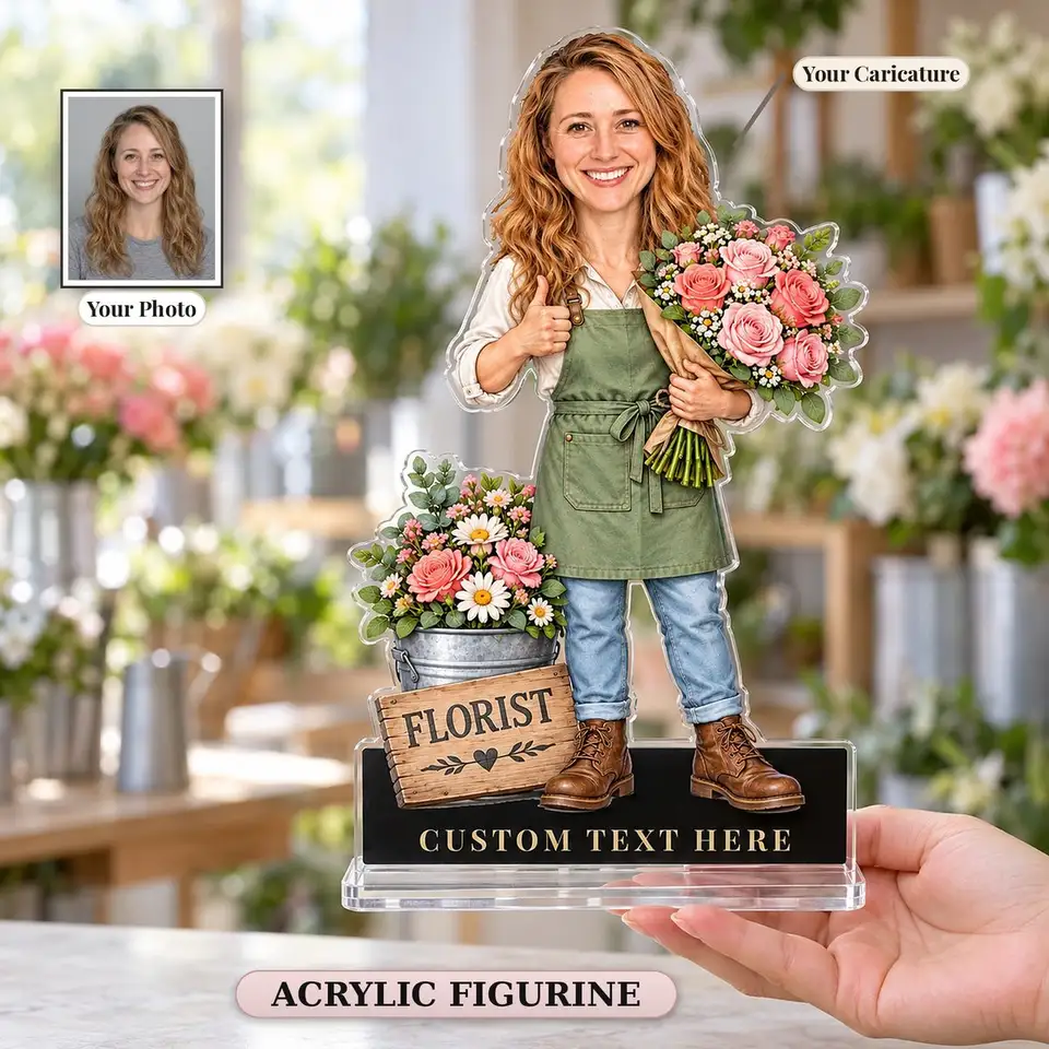 Floristen-Karikatur-Figur aus Acryl, in der Hand neben dem Kundenfoto gehalten