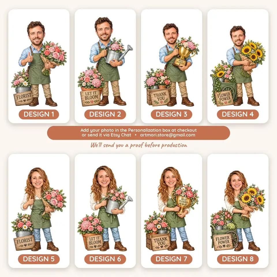 Alle 8 Floristen-Figuren, von 1 bis 8 nummeriert