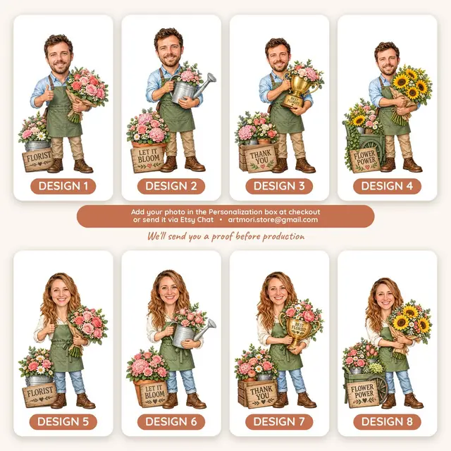 All 8 florist figurine designs numbered 1 to 8