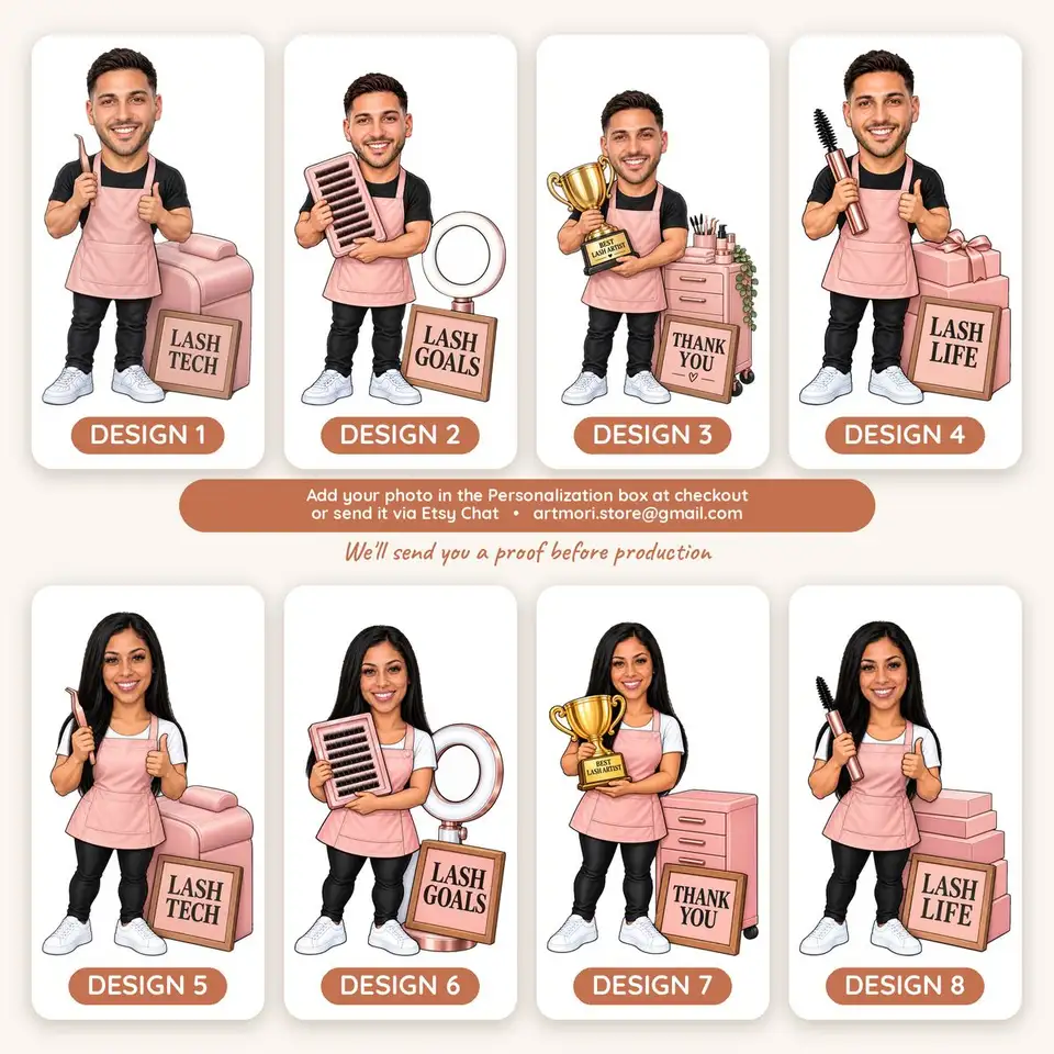 Los 8 diseños de figuras de especialista en pestañas numerados del 1 al 8