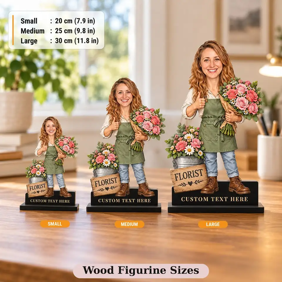 Kleine, mittlere und große Floristen-Figuren aus Holz mit schwarzen Ständern