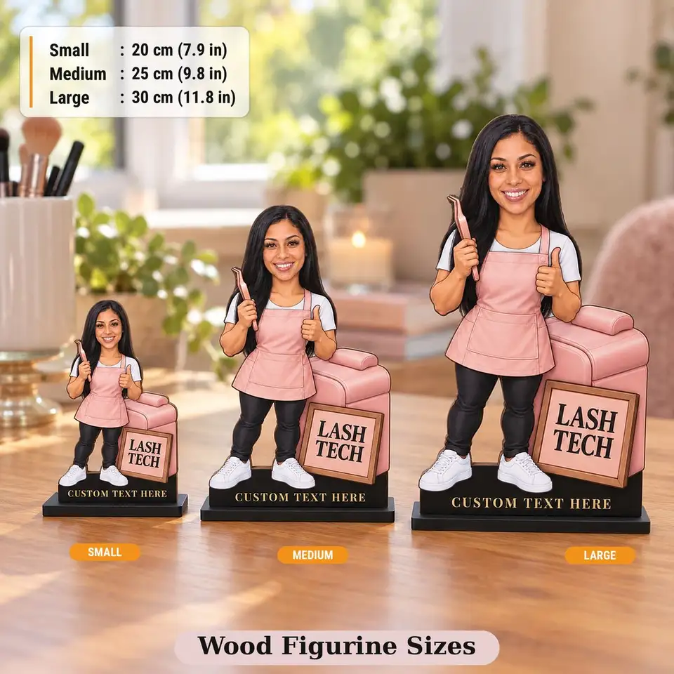 Figuras de especialista en pestañas en madera pequeñas, medianas y grandes con bases negras