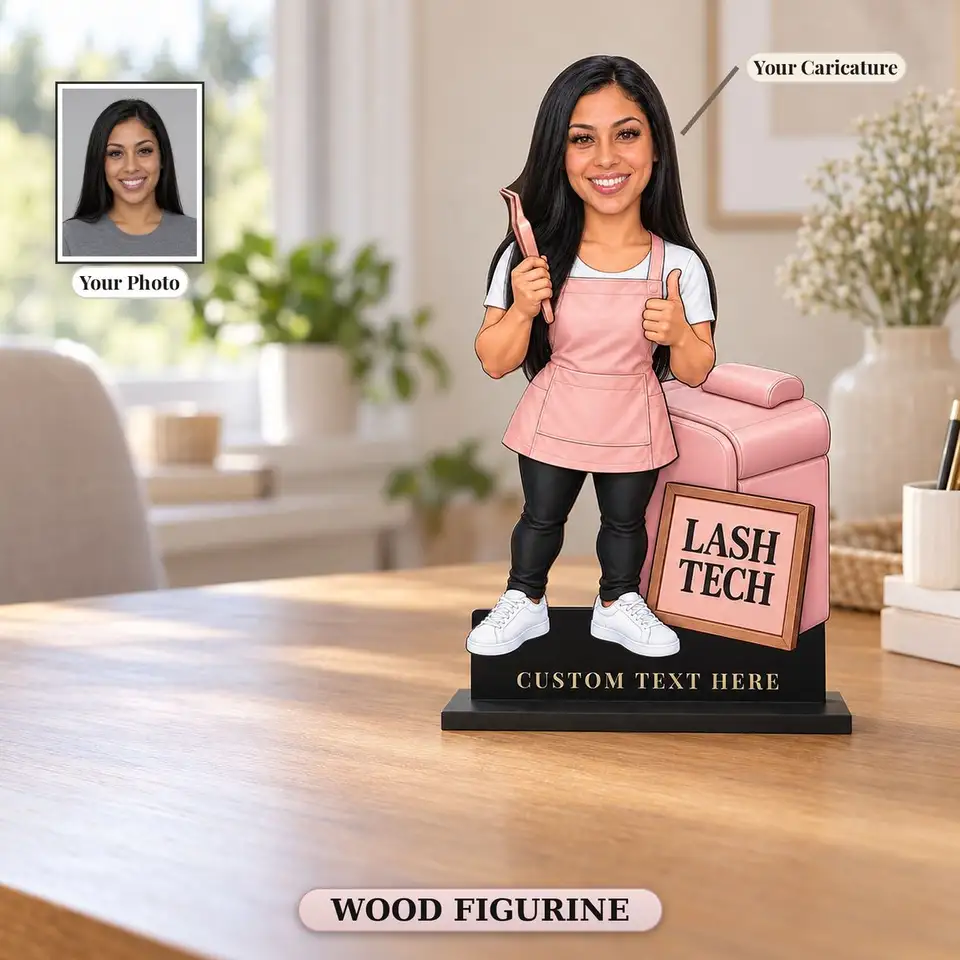 Figura caricaturesca de especialista en pestañas en madera sobre una base negra