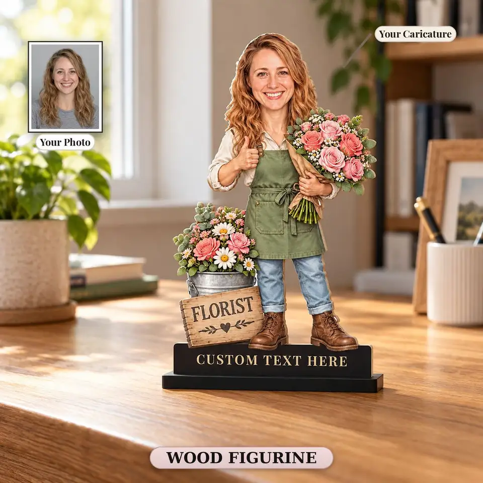 Floristen-Karikatur-Figur aus Holz auf einem schwarzen Ständer