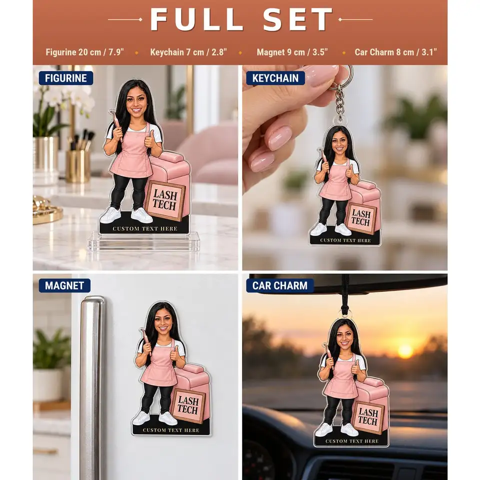 Conjunto acrílico completo: figura de especialista en pestañas de 20 cm, llavero, imán y adorno para coche