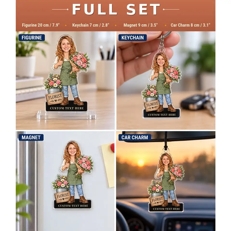 Acryl-Komplettset: 20-cm-Floristen-Figur, Schlüsselanhänger, Magnet und Autoanhänger